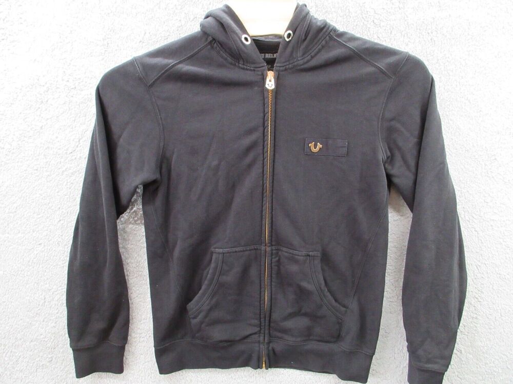 TRUE RELIGION Women's Large Full Zip Black Hoodie w/ Gold Badge Logo